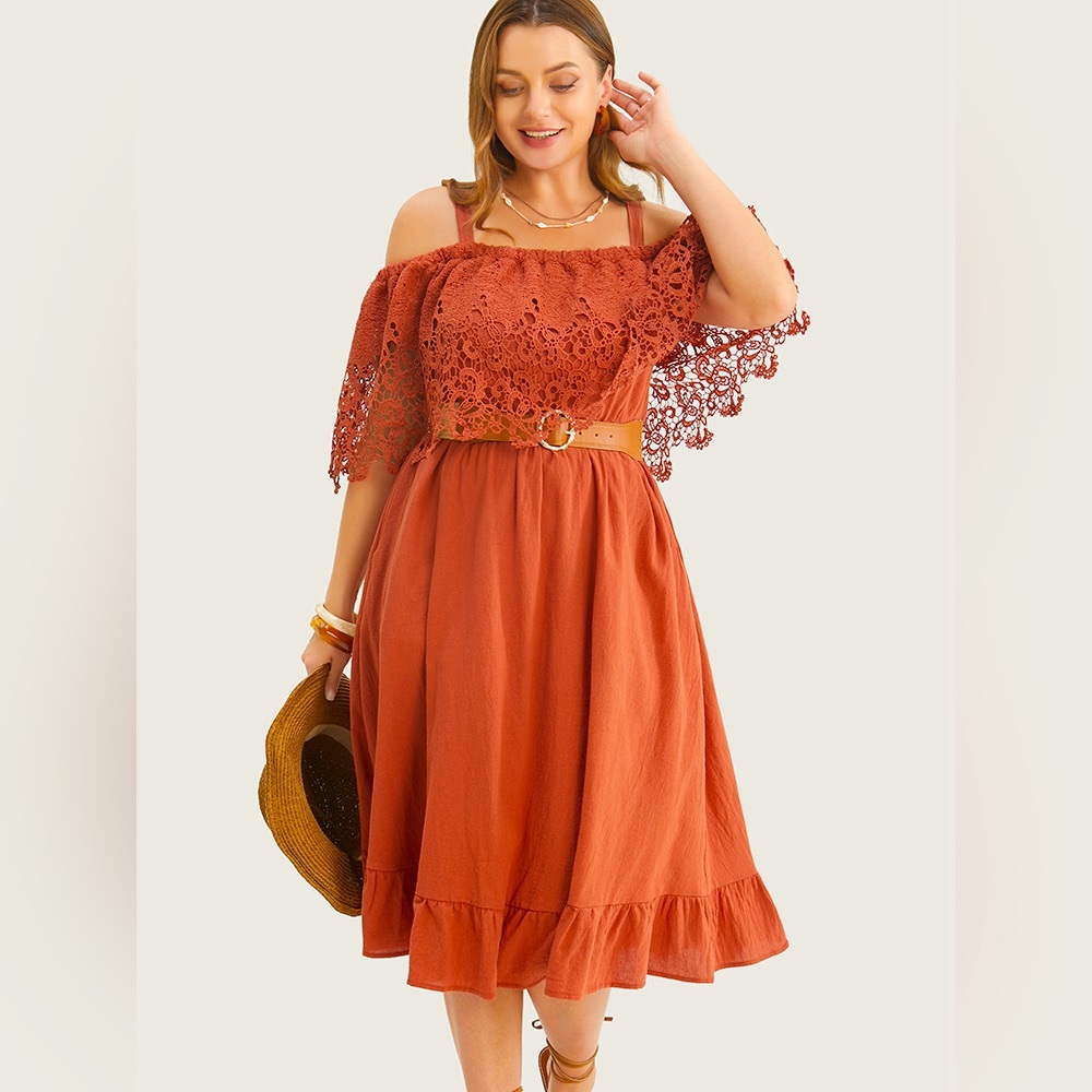 BLOOMCHIC 1X 14/16  Solid Cold Shoulder Contrast Lace Pocket Ruffle Hem Dress